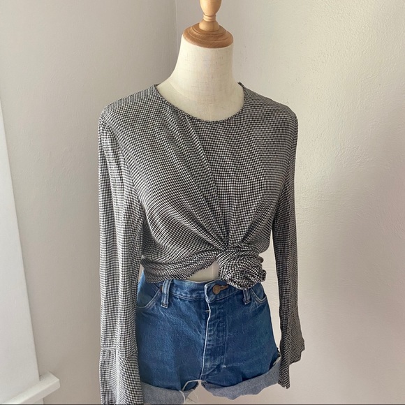 Zara Pin Check Bell Sleeve Blouse - Picture 2 of 8